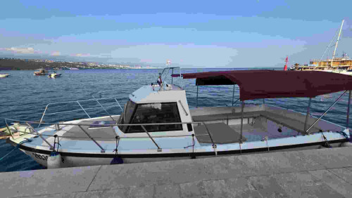 Side view of our Opatija boat with bimini tent and sundeck – used for private tours and small group boat tours